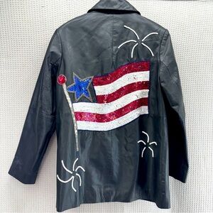Vtg Quacker Factory USA Flag Sequined 100% Leather Jacket Women Sz S Patriotic